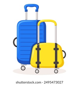 Bon Voyage concept. Traveling suitcases and bags on wheels. Cabin luggage and check in baggage