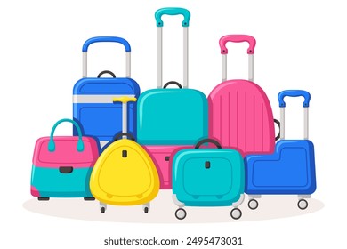 Bon Voyage concept. Traveling suitcases and bags on wheels. Cabin luggage and check in baggage