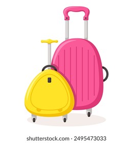 Bon Voyage concept. Traveling suitcases and bags on wheels. Cabin luggage and check in baggage