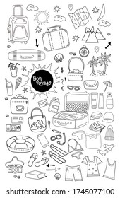 Bon voyage. Doodle set of vector linear drawings of things for travel and leisure. Travel concept on a white background - luggage, suitcases, bags, documents, cards, cosmetics, food and drinks