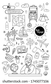 Bon voyage. Doodle set of vector linear travel doodles. Travel concept on a white background with a dreaming man sitting at a table. Nearby are many things, clothing, luggage, luggage - everything for