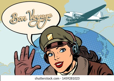 Bon voyage girl woman retro Aviator pilot. Pop art vector illustration vintage kitsch