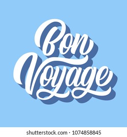 Bon voyage hand lettering, brush calligraphy with 3d shadow on retro blue background. Vector type design illustration.