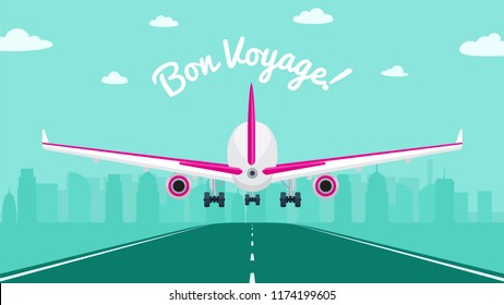 Bon voyage illustration with plane taking off. Vector airport illustration with a plane takes off. Flat airport and runway concept. Happy trip postcard or banner with city landscape.