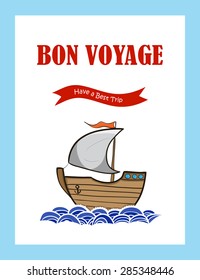 Bon Voyage journey greeting card with hand drawn sailing ship. Vector illustration 