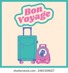 Bon voyage. Jpeg illustration. Retro flat style. 70s stile trevel card. Have a nice trip.