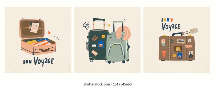 Bon voyage! Luggage bags, suitcases, baggage, travel bags. Vacation, holiday. Set of three hand drawn vector trendy illustrations. Cartoon style. Flat design. Greeting cards
