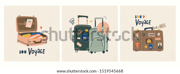 Bon voyage!\
Luggage bags, suitcases, baggage, travel bags. Vacation, holiday.\
Set of three hand drawn vector trendy illustrations. Cartoon style.\
Flat design. Greeting\
cards