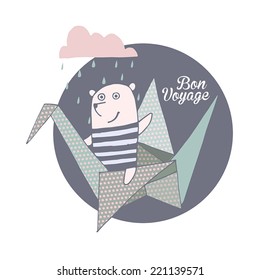 Bon Voyage, Origami Style background. Cute bear.Card design