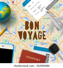 Bon voyage, planning vacation trip with map, cell phone, money, passport, road, vector illustration.