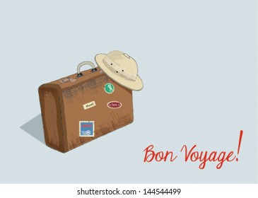  BON VOYAGE Retro summer postcard - travel suitcase. Vector illustration.