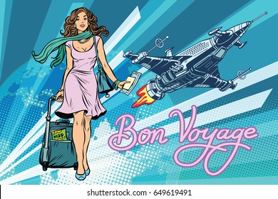 Bon voyage space travel, space tourism. Pretty girl passenger with Luggage. Pop art retro vector illustration