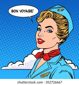 Bon Voyage Stewardess Tourismus Reiseflug Popart Retro Stil. Erfolg des Unternehmenskonzepts. Professionelle, einheitliche Schönheit