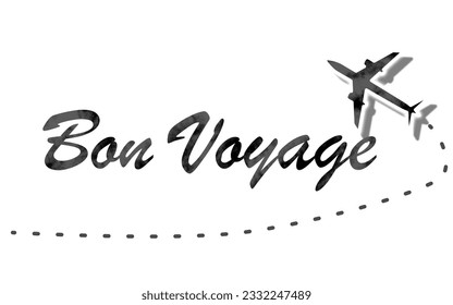 Bon Voyage text with black airplane. Lettering bon voyage word.