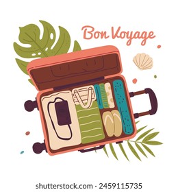 Bon voyage This vector illustration showcases an open suitcase packed with travel essentials, ready for a tropical getaway. The phrase Bon Voyage adds a whimsical touch.