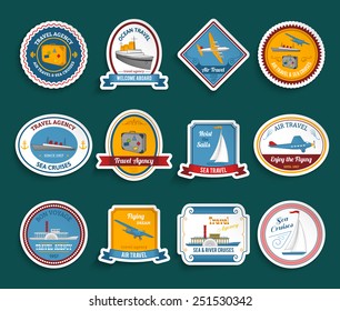 Bon voyage travel agency flying dream air and sea cruises stickers collection color abstract isolated vector illustration