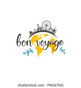 Bon Voyage Travel Icon Hand Drawn Lettering Tourism Adventure Concept Vector Illustration