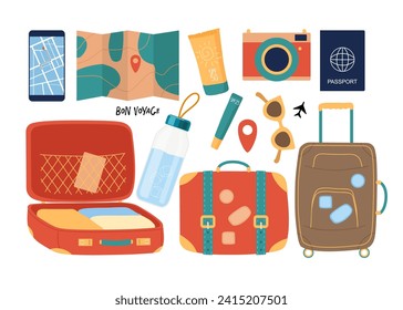 Bon Voyage Travel set. Suitcases and accessories set. Backpack content, essentials, things, supplies and equipment for traveling to hot countries or to beach. Flat vector illustration isolated. 