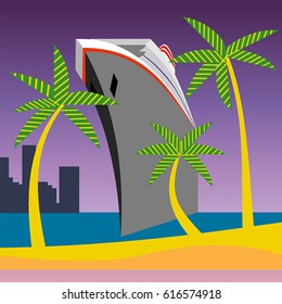 Bon Voyage Vacation vector illustration, palm tree and cruise ship arriving at a tropical island.