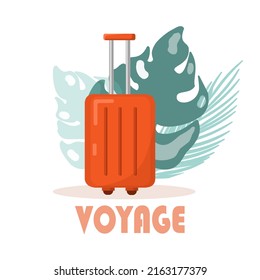 Bon Voyage vector concept. Suitcase on exotic leaves background