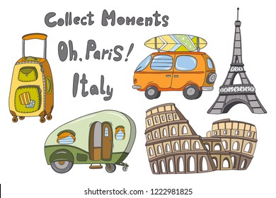 Bon voyage vector kit isolated illustrations: green van, orange car with a surfboard, baggage, Effel tower, Coliseum. 