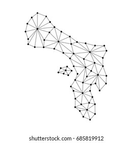 Bonaire map of polygonal mosaic lines network, rays and dots vector illustration.