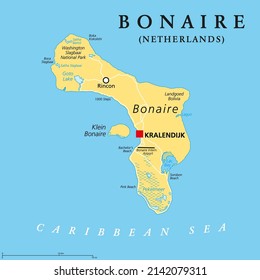 Bonaire, Netherlands, political map. Island in the Leeward Antilles in the Caribbean Sea, with capital Kralendijk. Part of the ABC islands, off the coast of Venezuela, outside Hurricane Alley. Vector