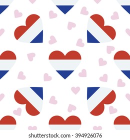 Bonaire, Sint Eustatius and Saba flag independence day seamless pattern. Patriotic country flag background. Bonaire, Sint Eustatius and Saba flag in the shape of heart. Vector seamless pattern.