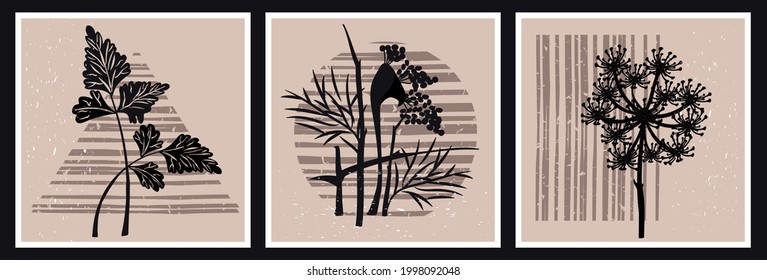 Bonanical art  background vector set.Silhouettes of plants drawing with abstract shape. Perfect for social media stories and post creative.Hand drawn textures for wall decoration,invitation,cards.