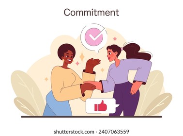 Bond of Commitment illustration. Two individuals engage in a handshake, encapsulating a moment of agreement and mutual dedication. A symbol of trust and partnership. Flat vector illustration