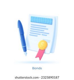 Bond concept vector illustration. Business loan contract and pen 3D cartoon objects. Investment in corporate projects. Financial support for companies. Great design for any purposes