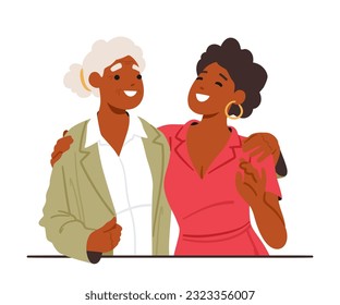 Bond Of Generations Concept, Young And Old Woman Characters Stand United In An Embrace, Reflecting Love, Wisdom, And The Strength Of Familial Connections. Cartoon People Vector Illustration