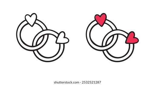 Bonded wedding rings doodle hand drawn icon. Marriage proposal. Diamond ring in heart shape. Concept of wedding, valentine, love. . Vector illustration