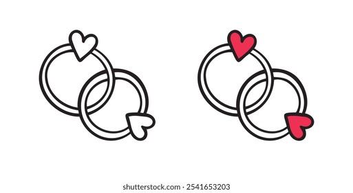 Bonded wedding rings doodle hand drawn icon. Marriage proposal. Diamond ring in heart shape. Concept of wedding, valentine, love. . Vector illustration