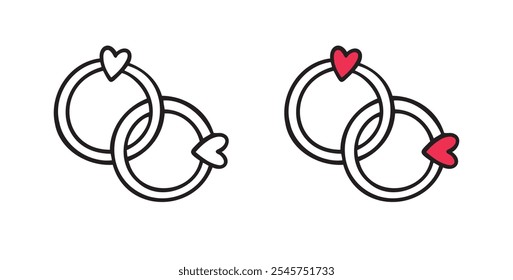 Bonded wedding rings doodle hand drawn icon. Marriage proposal. Diamond ring in heart shape. Concept of wedding, valentine, love. . Vector illustration