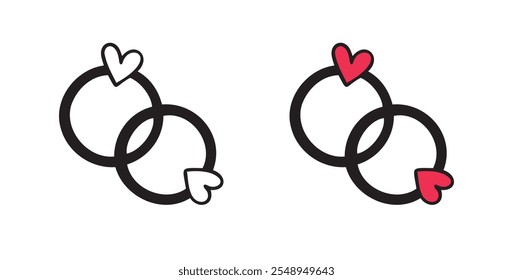 Bonded wedding rings doodle hand drawn icon. Marriage proposal. Diamond ring in heart shape. Concept of wedding, valentine, love. . Vector illustration