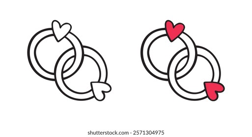 Bonded wedding rings doodle hand drawn icon. Marriage proposal. Diamond ring in heart shape. Concept of wedding, valentine, love. . Vector illustration