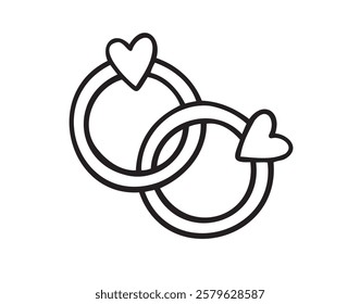 Bonded wedding rings doodle hand drawn icon. Marriage proposal. Diamond ring in heart shape. Concept of wedding, valentine, love. . Vector illustration