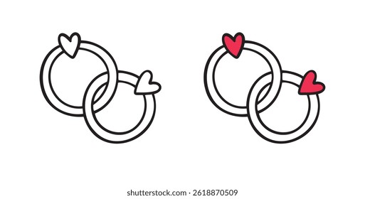 Bonded wedding rings doodle hand drawn icon. Marriage proposal. Diamond ring in heart shape. Concept of wedding, valentine, love. . Vector illustration