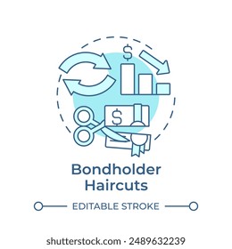 Bondholder haircuts soft blue concept icon. Financial cutting, corporate finance. Round shape line illustration. Abstract idea. Graphic design. Easy to use in infographic, presentation