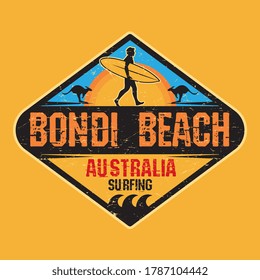 Bondi Beach, Australia - Surfer Sticker, Stamp Or Sign Design, Vector Illustration