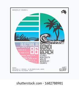 Bondi beach surf typography, tee shirt graphics, vectors