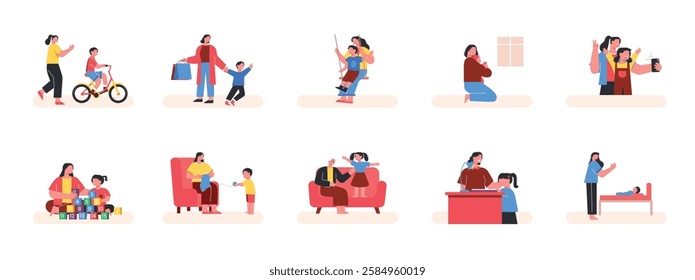 Bonding between mother and child, collective life parenting activities. Design character. Vector flat illustration packs