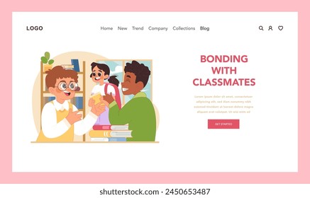 Bonding with classmates web or landing. Peers talking and laughing, building strong friendship. Schoolchildren share joyful moments, exchanging smiles in classroom during break time. Flat vector