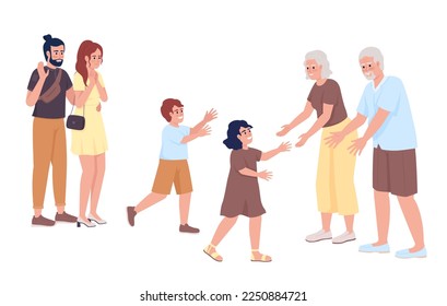 Bonding with grandparents semi flat color vector characters. Family meeting. Editable figures. Full body people on white. Simple cartoon style illustration for web graphic design and animation