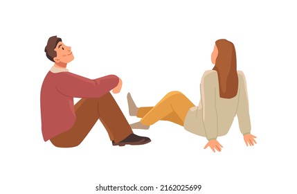 Bonding male and female characters, isolated couple sitting together and looking up. Portrait of cheerful people, friends or family members relaxing. Vector in flat style illustration