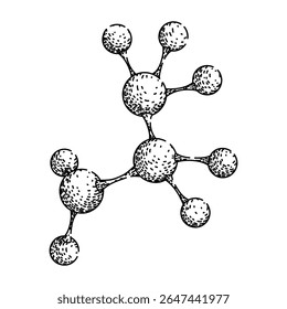 molécula de ligação átomo desenhado à mão. próton de elétron, elemento de nêutron, isótopo composto ligando molécula esboço do vetor do átomo. ilustração preta isolada