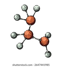 molécula de ligação átomo desenhado à mão. próton de elétron, elemento de nêutron, isótopo composto ligando molécula esboço do vetor do átomo. ilustração de cor isolada