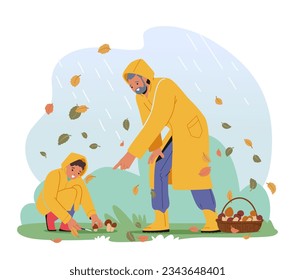 Bonding Time In The Forest. Grandfather And Boy Characters Joyfully Picking Mushrooms, Exploring Wonders of Nature Together, Creating Cherished Memories. Cartoon People Vector Illustration