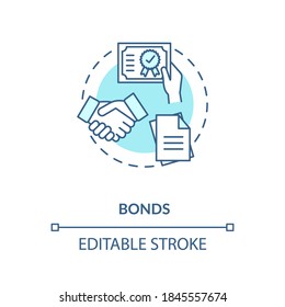 Bonds concept icon. Business investment strategy idea thin line illustration. Purchasing corporate or municipal bonds. Financial management. Vector isolated outline RGB color drawing. Editable stroke